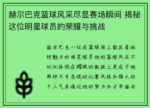 赫尔巴克篮球风采尽显赛场瞬间 揭秘这位明星球员的荣耀与挑战